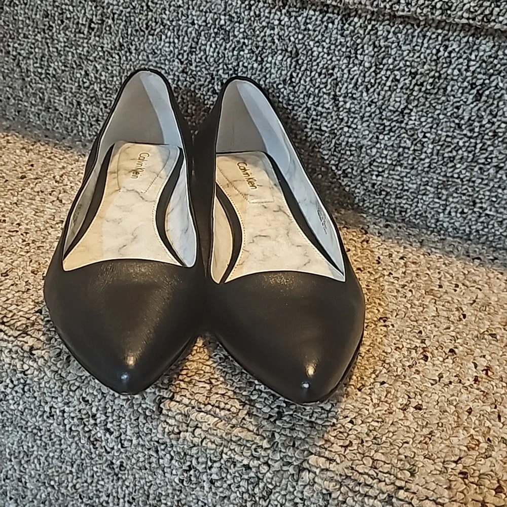 Calvin Klein Black Pointed Toe Flats with Silver Accent Heel